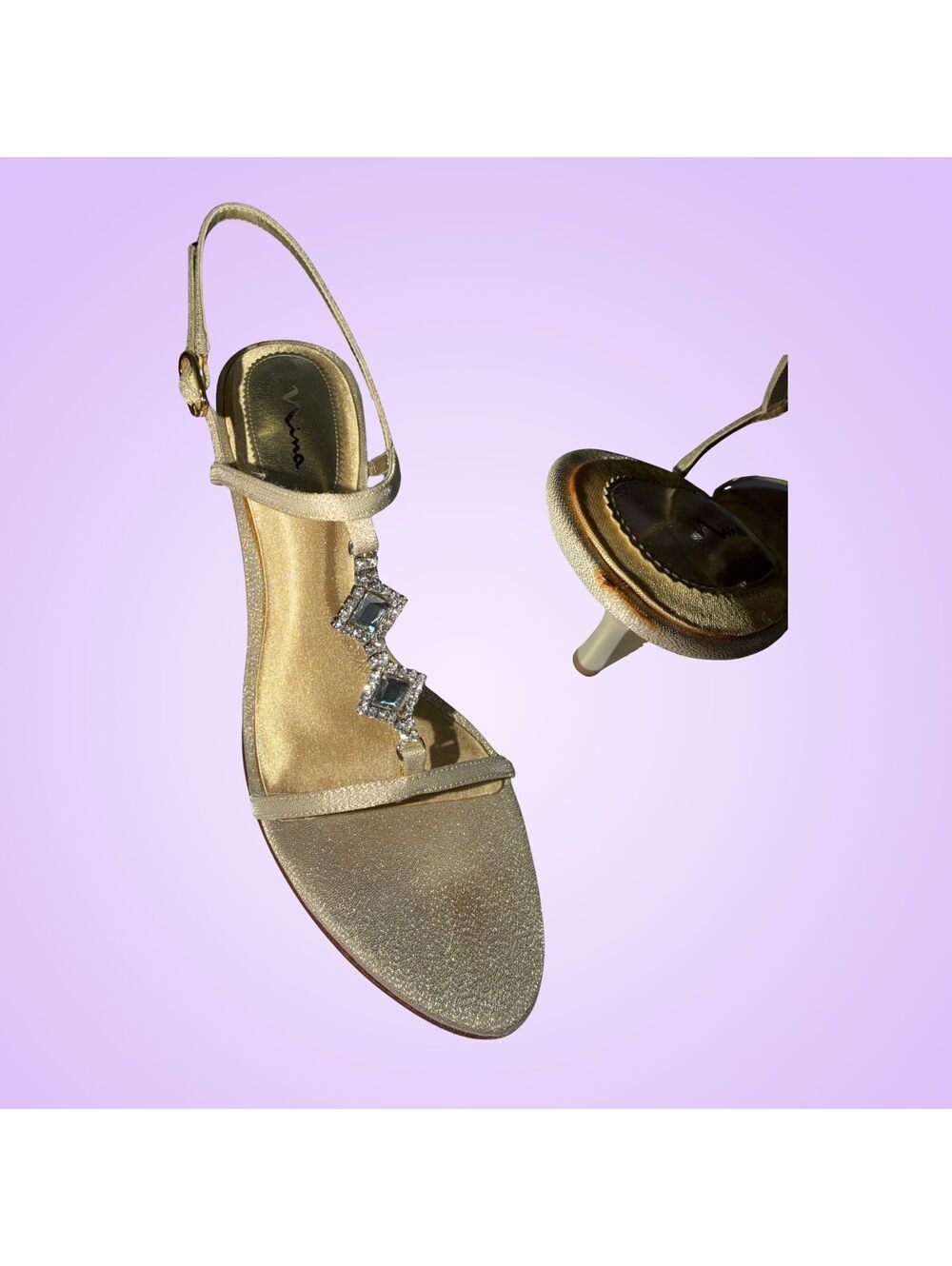 Nina Gold Rhinestone Jeweled Slingback Kitten Heel Sandals Women's 10M